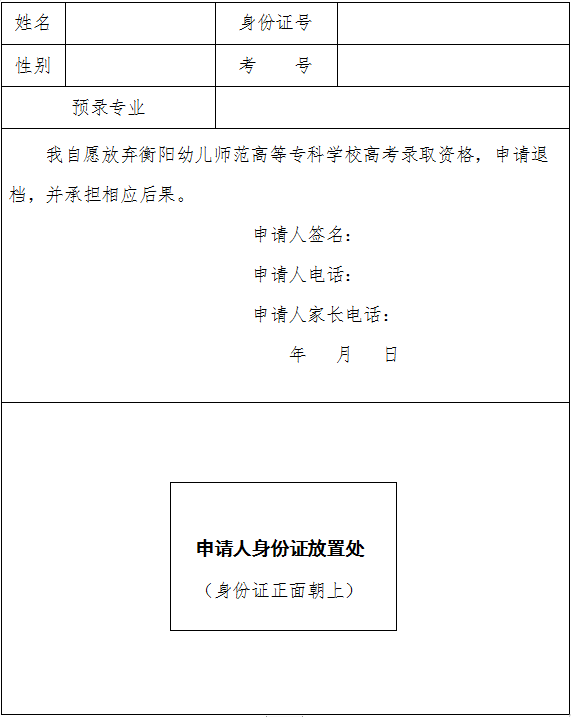 自愿放棄衡陽幼兒師范高等?？茖W(xué)校2020年高考錄取資格申請表